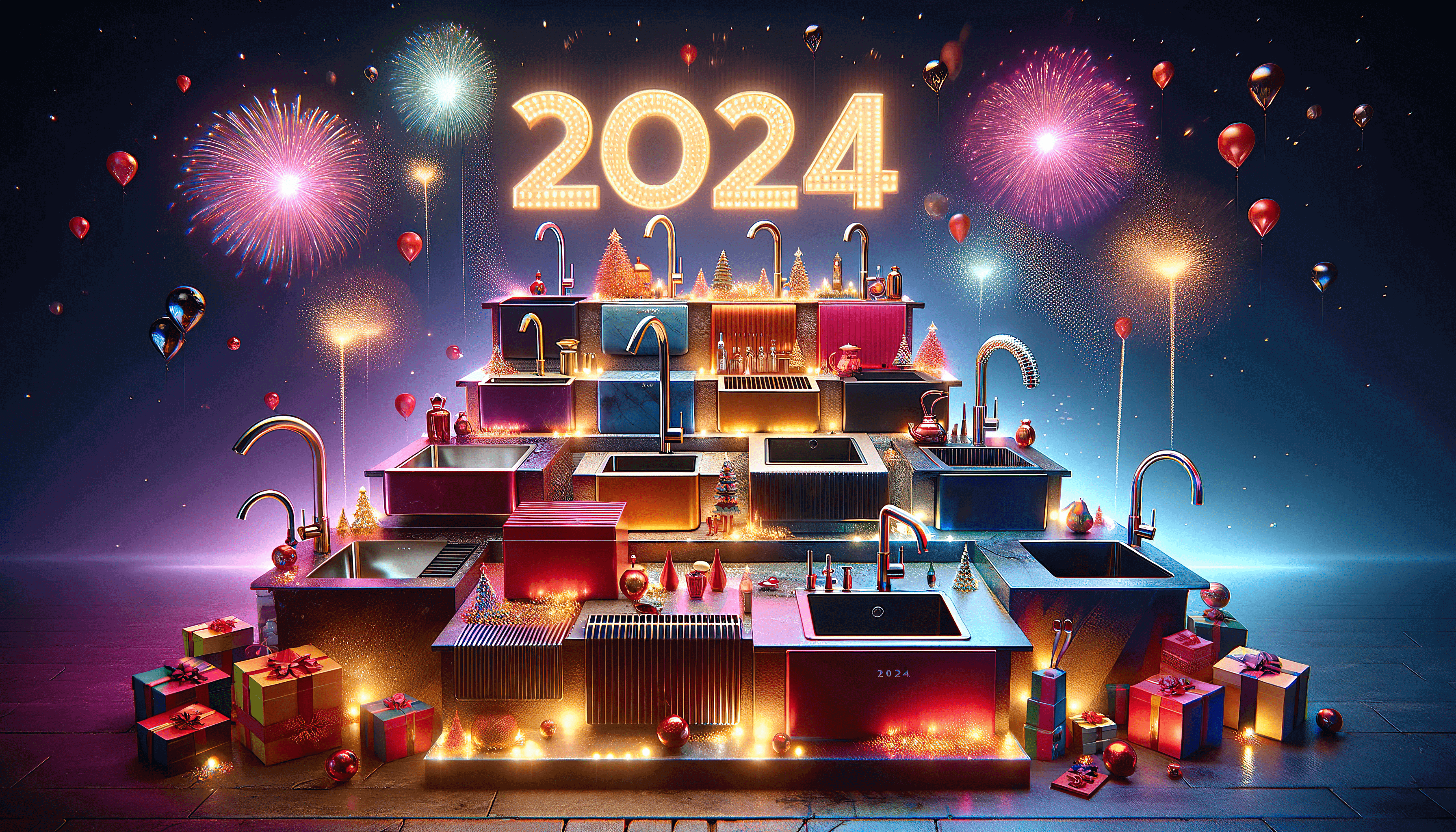 Best Kitchen Sinks 2025 an image of the best kitchen sinks in 2025 displayed in a festive setting with fireworks and gifts.