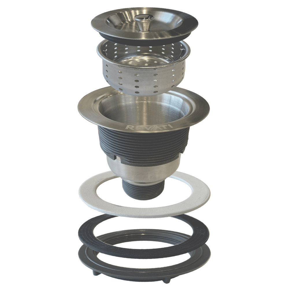 An expanded view of a kitchen sink drain assembly