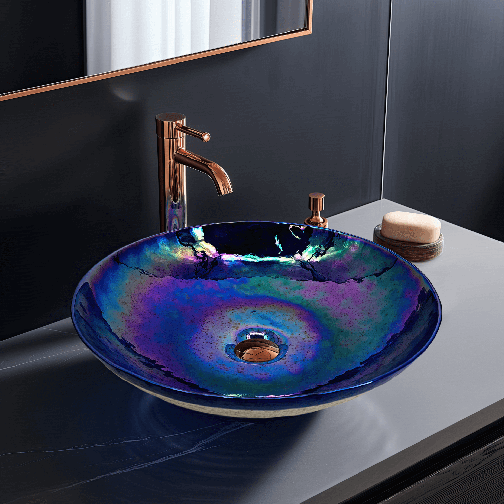 Circular Blue Glass Vessel Sink