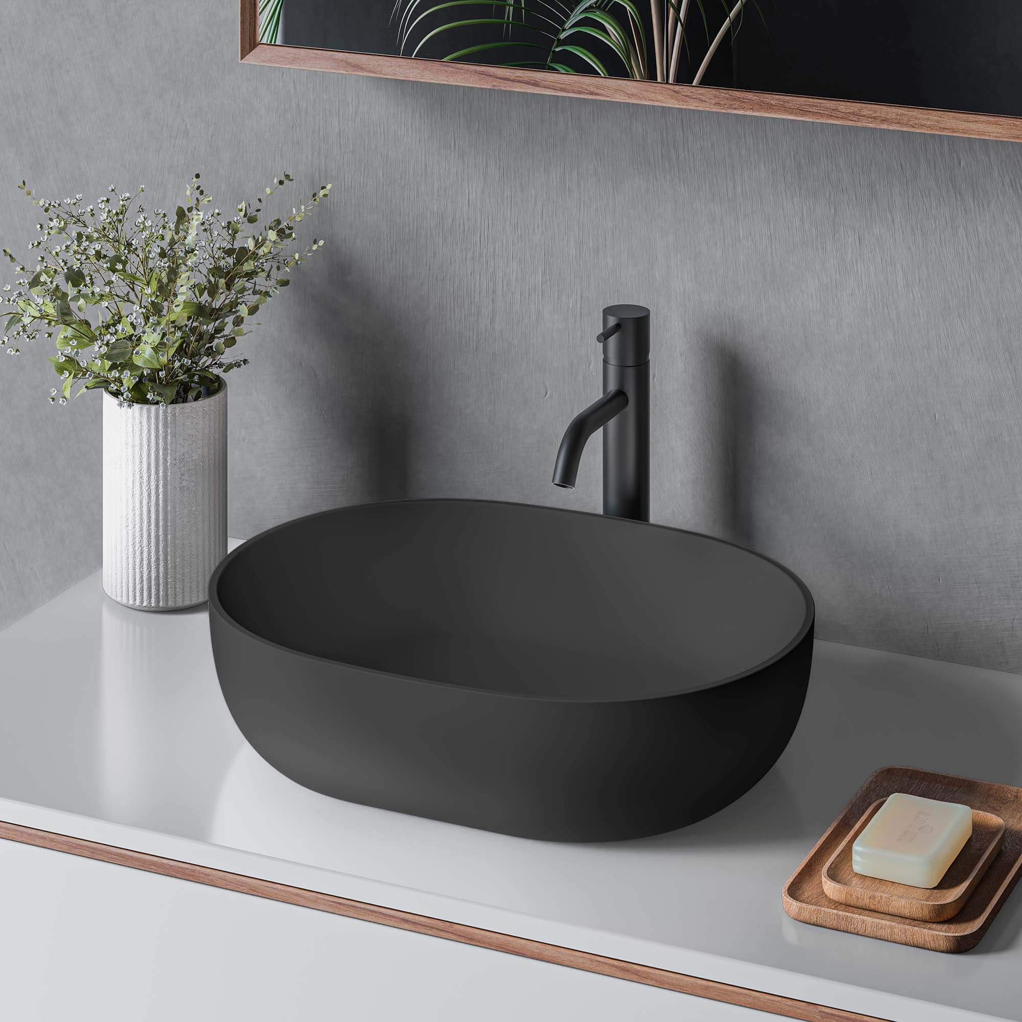 EpiStone by Ruvati: Benefits of Solid Surface Bathroom Products Modern Matte Black Solid Surface Vessel Sink