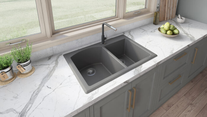 Ruvati 33 x 22 inch epiGranite Dual-Mount Granite Composite Double Bowl Kitchen Sink - Urban Gray - RVG1344GR