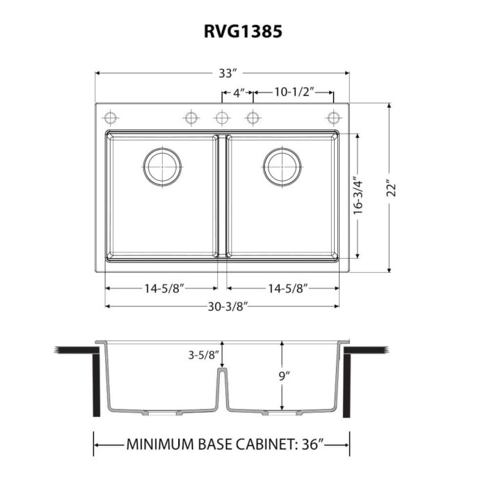 Ruvati 33 x 22 inch epiGranite Drop-in TopMount Granite Composite Double Bowl Low Divide Kitchen Sink - Midnight Black - RVG1385BK