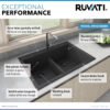 Ruvati 33 x 22 inch epiGranite Drop-in TopMount Granite Composite Double Bowl Low Divide Kitchen Sink - Midnight Black - RVG1385BK
