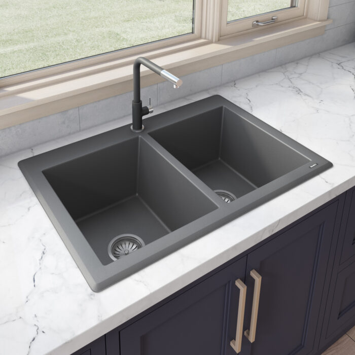 Ruvati 33 x 22 inch epiGranite Dual-Mount Granite Composite Double Bowl Kitchen Sink - Urban Gray - RVG1388GR