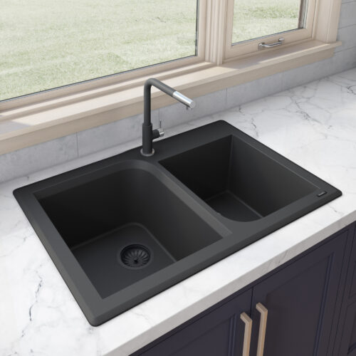 Ruvati 33 x 22 inch epiGranite Dual-Mount Granite Composite Double Bowl Kitchen Sink - Midnight Black - RVG1396BK