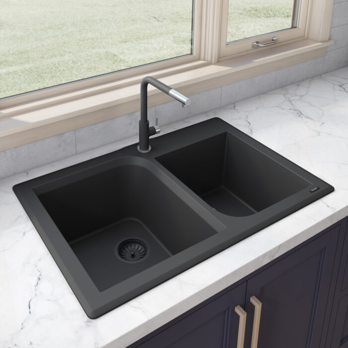 Ruvati 33 x 22 inch epiGranite Dual-Mount Granite Composite Double Bowl Kitchen Sink - Midnight Black - RVG1396BK Ruvati 33 x 22 inch epiGranite Dual-Mount Granite Composite Double Bowl Kitchen Sink - Midnight Black - RVG1396BK