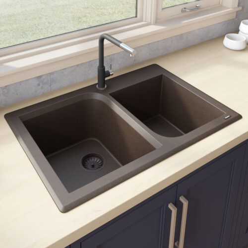Ruvati 33 x 22 inch epiGranite Dual-Mount Granite Composite Double Bowl Kitchen Sink - Espresso Brown - RVG1396ES