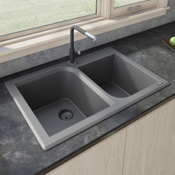 Ruvati 33 x 22 inch epiGranite Dual-Mount Granite Composite Double Bowl Kitchen Sink - Urban Gray - RVG1396GR Ruvati 33 x 22 inch epiGranite Dual-Mount Granite Composite Double Bowl Kitchen Sink - Urban Gray - RVG1396GR