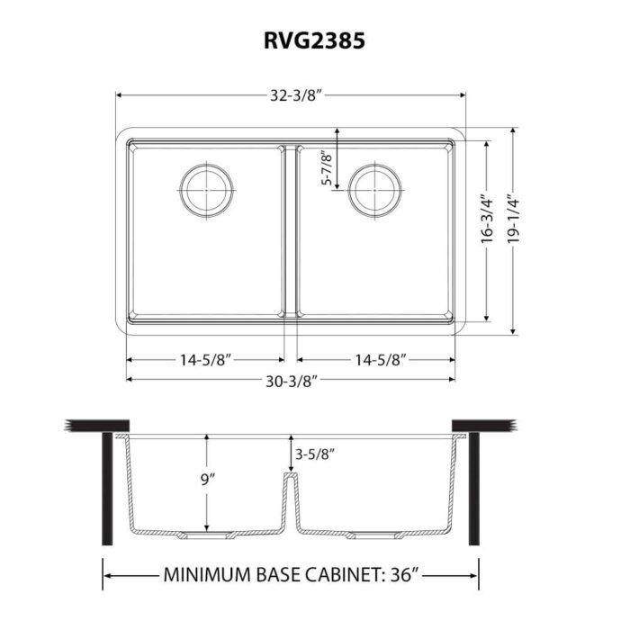 Ruvati 33 x 19 inch Granite Composite Undermount Low Divide Double Bowl Kitchen Sink - Midnight Black - RVG2385BK