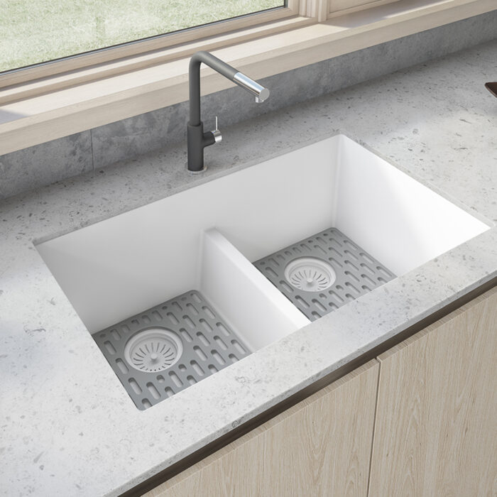 Ruvati 33 x 19 inch Granite Composite Undermount Double Bowl Low Divide Kitchen Sink - Arctic White - RVG2385WH Arctic White Low Divide Double Bowl
