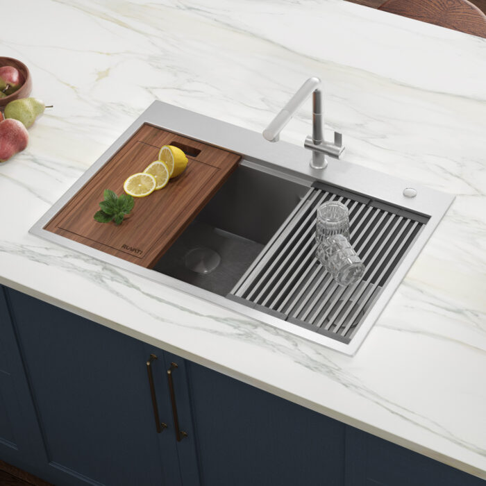 Ruvati 33 x 22 inch Workstation Drop-in 60/40 Double Bowl Topmount Rounded Corners 16 Gauge Stainless Steel Ledge Kitchen Sink - RVH8035 Workstation Double Bowl Drop-in Sink