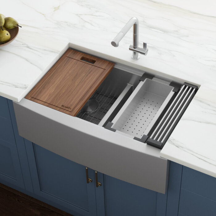 Ruvati 33" Apron-front Workstation Low-Divide Double Bowl 60/40 Farmhouse Kitchen Sink 16 Gauge Stainless Steel - RVH9201 Double Bowl Farmhouse Kitchen Sink