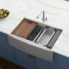 Ruvati 36" Apron-front Workstation Low-Divide Double Bowl 50/50 Farmhouse Kitchen Sink 16 Gauge Stainless Steel - RVH9301