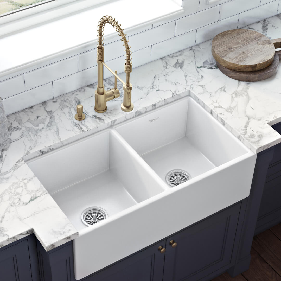 White Double Bowl Fireclay Sink