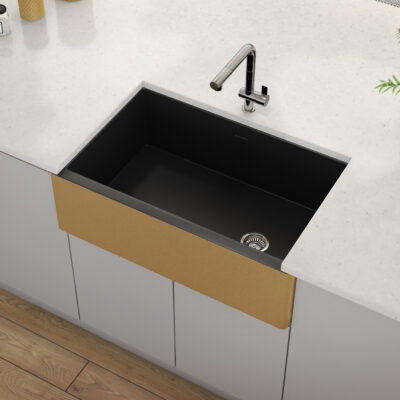 Experience Ruvati at KBIS 2022 Black Gold Fireclay Farmhouse Sink