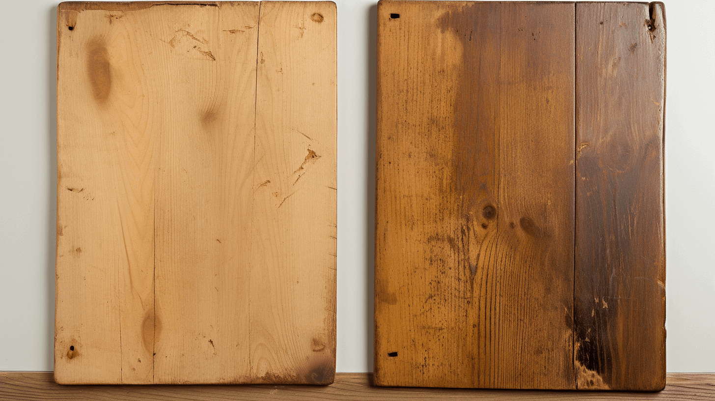 a side by side comparison of old cuting board vs a refinished cutting board