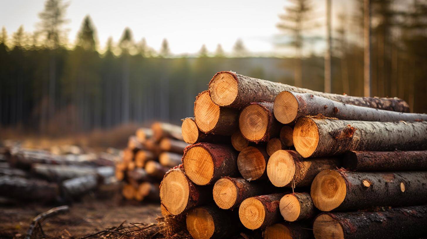an image showing trees piled up to be harvested to make wooden cutting boards