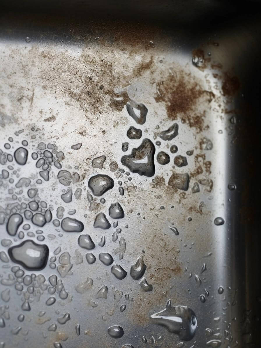 A close up showing rust on a stainless steel sink when you don't maintain it and keep it dry